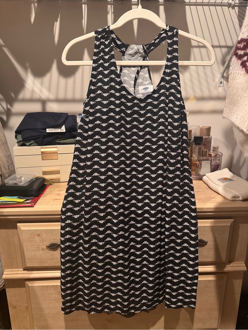 Sleeveless Black & White Patterned mid length Dress